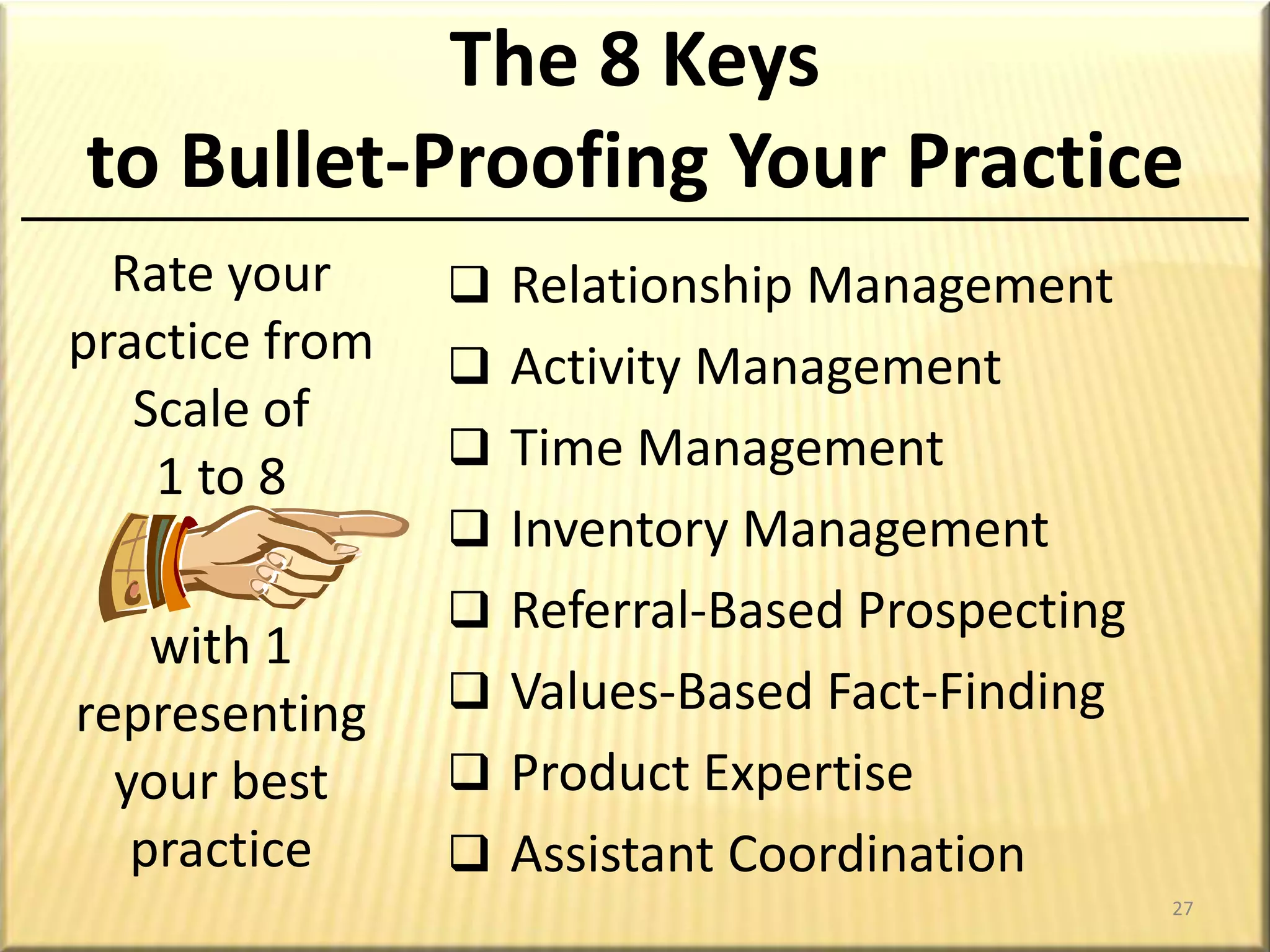 Always remember the basic premise of any sales endeavor:“You’ve Got to Kiss a Lot of Frogs to Meet a Prince.”That’s the job and you’ve got to kiss themDon’t try to substituteYou can’t mail them a kissYou can’t stay in the office and wait for them to hop in and kiss youYou can’t let advertising change them into princesYou can’t ask your secretary to kiss them (he or she hasn’t got the stomach for it)It doesn’t take a lot of smooching to tell a prince from a frogYou can’t change kissing styles every 30 days or spend all your time in Kissin’ SchoolYou’ve got to spend time with frogs and you’ll find them out there in the marshesThen, when you find one, you got to make contactKissing is a contact sport-Source Unknown23