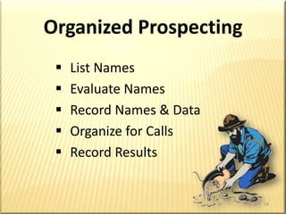 What’s the BestProspecting Method?Client PrestigeReferralsClient ReferralsEndorsementsProfessional ReferencesSeminarsAdvertisementsLeadsMailing or Telephone ListsCold CallingThe value of the method increasesas you move from the bottom to the top. 14