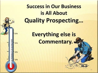 Weekly Sales Success FormulaBelow, the Weekly Sales Success Formula is charted in the form of a funnel.  On the left-hand side of the funnel, you will see “Guidelines” showing the suggested number of Suspects, New Contacts, Follow-up Contacts, Cases Opened, Closing, Sales and Commissions. On the line below the funnel, enter the average weekly amount of “Commissions” you wish to generate.  Then develop, and fill in the lines down the right-hand side of the funnel, “Your Standards” — as required to generate the “Commissions” you set to achieve.“SUSPECT” - New people whom you plan to contact in the near future.  You only have a “Suspect” when you know the name, address where to be contacted, phone number, occupation, approximate age, family status, hobbies, interests, etc.“NEW CONTACT” - A ‘New contact’ is when you have an appointment to speak to someone for the first time about one of the company’s products.“FOLLOW-UP CONTACT” - A second or subsequent interview, as part of the selling process, on any previously Opened Case.“NEW CASE OPENED” - A “Case” is “Opened” when you have had your first interview and decide to continue your negotiations.“CLOSE” - A “Close” consists of a face to face (not telephone) conversation during which you ask the prospect to take some positive action, such as signing the application, to be recorded whether the attempt was successful or unsuccessful.“SALE” - A “Sale” is any interview which results in your obtaining all the necessary requirementsto complete a sale: — signed application, premium payment, medical evidence arranged.21
