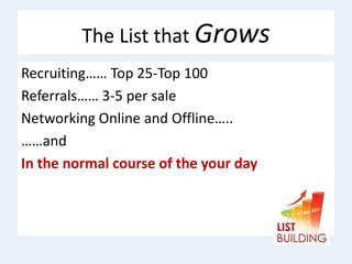 The List that Grows
Recruiting…… Top 25-Top 100
Referrals…… 3-5 per sale
Networking Online and Offline…..
……and
In the normal course of the your day
 