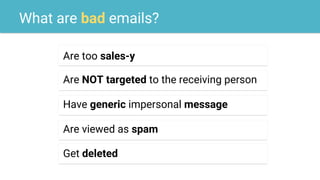 What are bad emails?
Are too sales-y
Are NOT targeted to the receiving person
Have generic impersonal message
Are viewed as spam
Get deleted
 