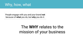Why, how, what
People engage with you and your brand not
because of what you do, but why you do it.
The WHY relates to the
mission of your business
 