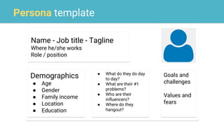 Persona template
Name - Job title - Tagline
Where he/she works
Role / position
Demographics
● Age
● Gender
● Family income
● Location
● Education
Goals and
challenges
Values and
fears
● What do they do day
to day?
● What are their #1
problems?
● Who are their
influencers?
● Where do they
hangout?
 