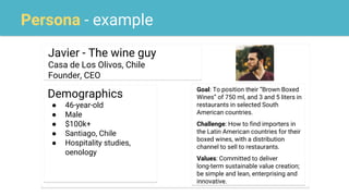 Persona - example
Javier - The wine guy
Casa de Los Olivos, Chile
Founder, CEO
Demographics
● 46-year-old
● Male
● $100k+
● Santiago, Chile
● Hospitality studies,
oenology
Goal: To position their “Brown Boxed
Wines” of 750 ml, and 3 and 5 liters in
restaurants in selected South
American countries.
Challenge: How to find importers in
the Latin American countries for their
boxed wines, with a distribution
channel to sell to restaurants.
Values: Committed to deliver
long-term sustainable value creation;
be simple and lean, enterprising and
innovative.
 
