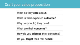 Craft your value proposition
What do they care about?
What is their expected outcome?
Why do (should) they care?
What are their concerns?
How do you address their concerns?
Do you target their real needs?
 
