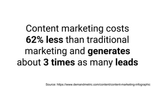 Content marketing costs
62% less than traditional
marketing and generates
about 3 times as many leads
Source: https://www.demandmetric.com/content/content-marketing-infographic
 