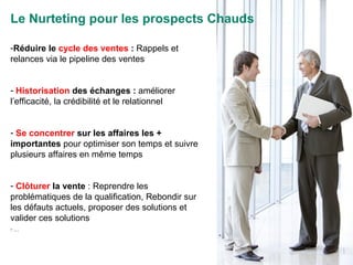 Le Nurteting pour les prospects Chauds Réduire le  cycle des ventes  :  Rappels et relances via le pipeline des ventes Historisation  des échanges :  améliorer l’efficacité, la crédibilité et le relationnel Se concentrer  sur les affaires les + importantes  pour optimiser son temps et suivre plusieurs affaires en même temps Clôturer  la vente  : Reprendre les problématiques de la qualification, Rebondir sur les défauts actuels, proposer des solutions et valider ces solutions … 