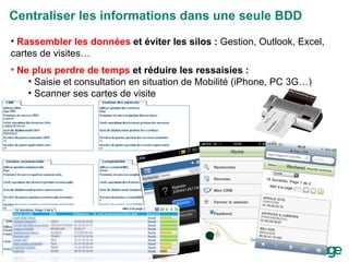 Centraliser les informations dans une seule BDD  Rassembler les données  et éviter les silos :  Gestion, Outlook, Excel, cartes de visites… Ne plus perdre de temps  et réduire les ressaisies   : Saisie et consultation en situation de Mobilité (iPhone, PC 3G…) Scanner ses cartes de visite 