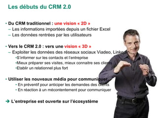 Les débuts du CRM 2.0 Du CRM traditionnel :  une vision « 2D » Les informations importées depuis un fichier Excel Les données rentrées par les utilisateurs Vers le CRM 2.0 : vers une  vision « 3D » Exploiter les données des réseaux sociaux Viadeo, Linkedin… S’informer sur les contacts et l’entreprise Mieux préparer ses visites, mieux connaitre ses clients. Etablir un relationnel plus fort Utiliser les nouveaux média pour communiquer. En préventif pour anticiper les demandes des clients En réaction à un mécontentement pour communiquer L’entreprise est ouverte sur l’écosystème 