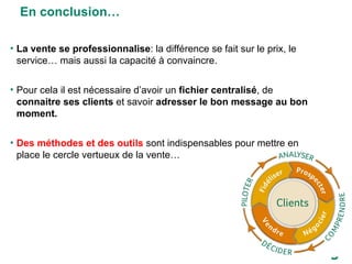 En conclusion… La vente se professionnalise : la différence se fait sur le prix, le service… mais aussi la capacité à convaincre. Pour cela il est nécessaire d’avoir un  fichier centralisé , de  connaitre ses clients  et savoir  adresser le bon message au bon moment. Des méthodes et des outils  sont indispensables pour mettre en place le cercle vertueux de la vente… 