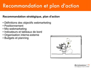 Recommandation et plan d'action
Recommandation stratégique, plan d'action

● Définitions des objectifs webmarketing
● Positionnement

● Mix-webmarketing

● Indicateurs et tableaux de bord

● Organisation interne-externe

● Budgets et planning
 