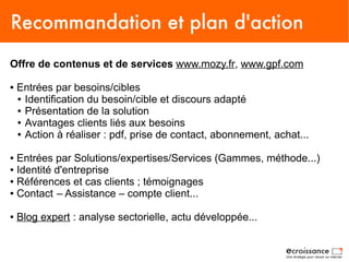 Recommandation et plan d'action
Offre de contenus et de services www.mozy.fr, www.gpf.com

●   Entrées par besoins/cibles
    ● Identification du besoin/cible et discours adapté

    ● Présentation de la solution

    ● Avantages clients liés aux besoins

    ● Action à réaliser : pdf, prise de contact, abonnement, achat...



● Entrées par Solutions/expertises/Services (Gammes, méthode...)
● Identité d'entreprise

● Références et cas clients ; témoignages

● Contact – Assistance – compte client...



●   Blog expert : analyse sectorielle, actu développée...
 