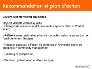 Recommandation et plan d'action
Leviers webmarketing envisagés

Objectif visibilité et trafic qualifié
● Stratégie de contenus et diffusion multi-supports (Web et Print et

vidéo)

● Référencement naturel et achat de mots-clés (selon la saturation de
l'environnement Google)

●Réseaux sociaux : diffusion de contenus et recherche active de
prospects = community management

●   Emailing et prospection

●   Webinar : présentation et démo en ligne
 
