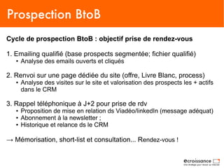 Prospection BtoB
Cycle de prospection BtoB : objectif prise de rendez-vous

1. Emailing qualifié (base prospects segmentée; fichier qualifié)
   ●   Analyse des emails ouverts et cliqués

2. Renvoi sur une page dédiée du site (offre, Livre Blanc, process)
   ●   Analyse des visites sur le site et valorisation des prospects les + actifs
       dans le CRM

3. Rappel téléphonique à J+2 pour prise de rdv
   ●   Proposition de mise en relation ds Viadéo/linkedIn (message adéquat)
   ●   Abonnement à la newsletter ;
   ●   Historique et relance ds le CRM

→ Mémorisation, short-list et consultation... Rendez-vous !
 