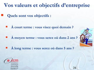Vos valeurs et objectifs d’entreprise


Quels sont vos objectifs :


À court terme : vous visez quoi demain ?



À moyen terme : vous serez où dans 2 ans ?



À long terme : vous serez où dans 5 ans ?

28

 