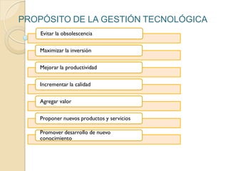 PROPÓSITO DE LA GESTIÓN TECNOLÓGICA
Evitar la obsolescencia
Maximizar la inversión
Mejorar la productividad
Incrementar la calidad
Agregar valor
Proponer nuevos productos y servicios
Promover desarrollo de nuevo
conocimiento
 