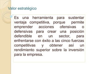 Valor estratégico
Es una herramienta para sustentar
ventaja competitiva, porque permite
emprender acciones ofensivas o
defensivas para crear una posición
defendible en un sector, para
enfrentarse con éxito a las cinco fuerzas
competitivas y obtener así un
rendimiento superior sobre la inversión
para la empresa.
 