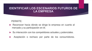 IDENTIFICAR LOS ESCENARIOS FUTUROS DE
LA EMPRESA
PERMITE:
 Reconocer hacia dónde se dirige la empresa en cuanto al
mercado y su participación en él.
 Su interacción con los competidores actuales y potenciales.
 Aceptación o rechazo por parte de los consumidores.
 