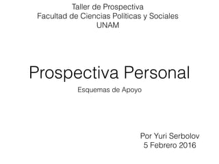Prospectiva Personal
Esquemas de Apoyo
Por Yuri Serbolov
5 Febrero 2016
Taller de Prospectiva
Facultad de Ciencias Políticas y Sociales
UNAM
 