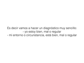 Es decir vamos a hacer un diagnóstico muy sencillo:
- yo estoy bien, mal o regular
- mi entorno o circunstancia, está bien, mal o regular
 