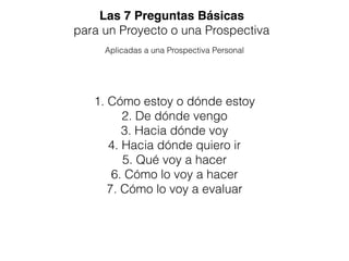 Las 7 Preguntas Básicas
para un Proyecto o una Prospectiva
Aplicadas a una Prospectiva Personal
1. Cómo estoy o dónde estoy
2. De dónde vengo
3. Hacia dónde voy
4. Hacia dónde quiero ir
5. Qué voy a hacer
6. Cómo lo voy a hacer
7. Cómo lo voy a evaluar
 