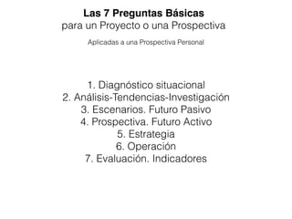 Las 7 Preguntas Básicas
para un Proyecto o una Prospectiva
Aplicadas a una Prospectiva Personal
1. Diagnóstico situacional
2. Análisis-Tendencias-Investigación
3. Escenarios. Futuro Pasivo
4. Prospectiva. Futuro Activo
5. Estrategia
6. Operación
7. Evaluación. Indicadores
 
