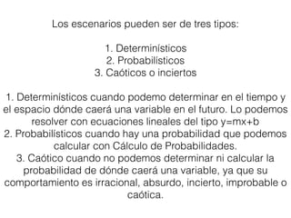 Los escenarios pueden ser de tres tipos:
1. Determinísticos
2. Probabilísticos
3. Caóticos o inciertos
1. Determinísticos cuando podemo determinar en el tiempo y
el espacio dónde caerá una variable en el futuro. Lo podemos
resolver con ecuaciones lineales del tipo y=mx+b
2. Probabilísticos cuando hay una probabilidad que podemos
calcular con Cálculo de Probabilidades.
3. Caótico cuando no podemos determinar ni calcular la
probabilidad de dónde caerá una variable, ya que su
comportamiento es irracional, absurdo, incierto, improbable o
caótica.
 