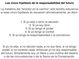 1. Si yo elijo o tomo la decisión
2. Si yo soy libre
3. Si yo tengo el poder
4. Si yo tengo el control
5. Si yo tengo la responsabilidad o la conciencia
Las cinco hipótesis de la responsabilidad del futuro
La metáfora del “tenedor en el camino” sólo tendría relevancia
si esas cinco hipótesis se resuelven aﬁrmativamente, es decir:
Si yo no elijo, si no decido nada, si no soy libre, si no tengo
poder, si no controlo nada, entonces yo no soy responsable
del futuro. Simplemente soy un títere o una víctima del destino
o de las circunstancias o de la Teoría de la Conspiración.
 
