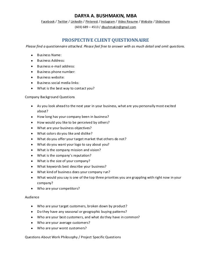 client questionnaire sample