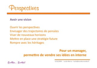 Perspectives
  Avoir une vision 

  Ouvrir les perspecEves 
  Envisager des trajectoires de pensées 
  Viser de nouveaux horizons  
  Meare en place une stratégie future 
  Rompre avec les héritages 

                                    Pour un manager,  
               perme[re de vendre ses idées en interne  
                                     5/10/2009  ‐  Lucile Merra – lucile@eureka‐eureka.fr 
Eur ka... Eur ka!
 