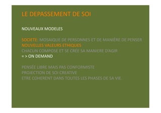 LE DEPASSEMENT DE SOI 

NOUVEAUX MODELES  

SOCIETE: MOSAIQUE DE PERSONNES ET DE MANIÈRE DE PENSER 
NOUVELLES VALEURS ETHIQUES 
CHACUN COMPOSE ET SE CRÉE SA MANIERE D’AGIR 
= > ON DEMAND 

PENSÉE LIBRE MAIS PAS CONFORMISTE 
PROJECTION DE SOI CREATIVE 
ETRE COHERENT DANS TOUTES LES PHASES DE SA VIE. 
 