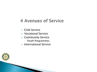 Club ServiceVocational ServiceCommunity ServiceYouth ProgrammesInternational Service4 Avenues of Service