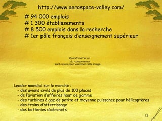 http://www.aerospace-valley.com/ # 94 000 emplois # 1 300 établissements # 8 500 emplois dans la recherche # 1er pôle français d’enseignement supérieur Leader mondial sur le marché : - des avions civils de plus de 100 places - de l’aviation d’affaires haut de gamme - des turbines à gaz de petite et moyenne puissance pour hélicoptères - des trains d’atterrissage - des batteries d’aéronefs 