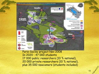 Paris-Saclay project Nov 2008 In 2020 : 47 000 students 17 000 public researchers (10 % national),  20 000 private researchers (10 % national),  plus 35 000 newcomers (students included) 