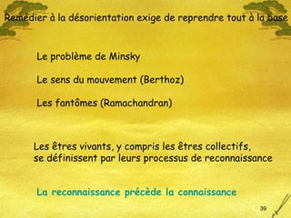 Le problème de Minsky Le sens du mouvement (Berthoz) Les fant ômes (Ramachandran) Les  êtres vivants, y compris les êtres collectifs, se définissent par leurs processus de reconnaissance Remédier à la désorientation exige de reprendre tout à la base La reconnaissance précède la connaissance 