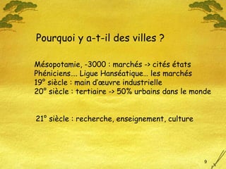 Mésopotamie, -3000 : marchés -> cités états Phéniciens…. Ligue Hanséatique… les marchés 19° siècle : main d’œuvre industrielle 20° siècle : tertiaire -> 50% urbains dans le monde Pourquoi y a-t-il des villes ? 21° siècle : recherche, enseignement, culture 