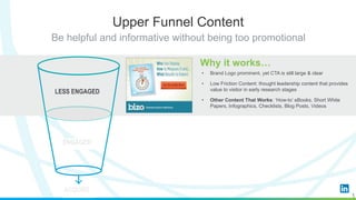 Be helpful and informative without being too promotional
Upper Funnel Content
1
• Brand Logo prominent, yet CTA is still large & clear
• Low Friction Content: thought leadership content that provides
value to visitor in early research stages
• Other Content That Works: ‘How-to’ eBooks, Short White
Papers, Infographics, Checklists, Blog Posts, Videos
Why it works…
LESS ENGAGED
ACQUIRE
ENGAGED
 