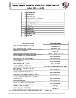 FACULTAD DE MEDICINA “HIPÓLITOUNANUE”
UNIDAD DE POSGRADO
Concurso Nacional de Admisión al Residentado Médico 2021 Página 47/80
35. NEUROCIRUGIA
36. NEUROLOGIA
37. OFTALMOLOGIA
38. ORTOPEDIA Y TRAUMATOLOGIA
39. OTORRINOLARINGOLOGIA
40. PATOLOGIA CLINICA
41. PEDIATRIA
42. PSIQUIATRIA
43. RADIOLOGIA
44. RADIOTERAPIA
45. REUMATOLOGIA
46. UROLOGIA
SUBESPECIALIDADES TIPO DE EXAMEN *
ANESTESIOLOGIA CARDIOVASCULAR ANESTESIOLOGÍA
ANESTESIOLOGIA OBSTETRICA ANESTESIOLOGÍA
CARDIOLOGIA PEDIATRICA PEDIATRÍA
CIRUGIA CARDIOVASCULAR PEDIATRICA CIRUGÍA CARDIOVASCULAR
CIRUGIA DE TORAX Y CARDIOVASCULAR CIRUGÍA GENERAL
CIRUGIA DE COLON, RECTO Y ANO CIRUGÍA GENERAL
CIRUGIA DE MANO CIRUGÍA GENERAL
CIRUGIA DE RETINA Y VITREO OFTALMOLOGÍA
CIRUGIA DE TORAX ONCOLOGICA CIRUGÍA DE TÓRAX Y CARDIOVASCULAR
CIRUGIA HEPATOPANCREATOBILIAR Y
TRANSPLANTE CIRUGÍA GENERAL
CIRUGIA ONCOLOGICA ABDOMINAL CIRUGÍA GENERAL
CIRUGIA ONCOLOGICA DE CABEZA Y CUELLO CIRUGÍA GENERAL
CIRUGIA ONCOLOGICA DE MAMAS, TEJIDOS
BLANDOS Y PIEL CIRUGÍA GENERAL
CIRUGIA PEDIATRICA CIRUGÍA GENERAL
CIRUGIA PLASTICA Y RECONSTRUCTIVA CIRUGÍA GENERAL
DERMATOLOGIA PEDIATRICA PEDIATRÍA
ENDOCRINOLOGIA PEDIATRICA PEDIATRÍA
 