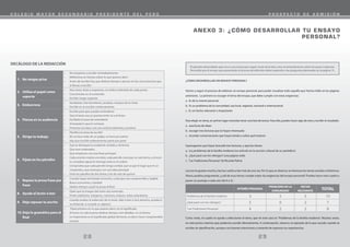 29
28
DECÁLOGO DE LA REDACCIÓN
No tengas prisa
1.
No empieces a escribir inmediatamente
•
Reflexiona un tiempo sobre lo que quieres decir
•
Antes de escribir
• hay que dedicar tiempo a pensar en las circunstancias que
te llevan a escribir
Utiliza el papel como
2.
soporte
Haz notas, listas y esquemas, un índice ordenado de cada punto
•
Concéntrate en el contenido
•
Escribe, luego organiza
•
Emborrona
3.
Garabatea, haz borradores, pruebas, ensayos de tu texto
•
Escribir es re-escribir continuamente
•
Piensa en tu audiencia
4.
Escribe para que puedan entenderte
•
Que el texto sea un puente entre tú y el lector
•
Facilítale la tarea de entenderte
•
Anticípale lo que le contarás
•
Presenta tus ideas con una actitud optimista y positiva
•
Dirige tu trabajo
5.
Planifica la tarea de escribir
•
No se hace todo de un golpe, se hace por partes
•
Hay que escribir ordenamente, parte por parte
•
Fíjate en los párrafos
6.
Que se destaque la unidad de sentido y de forma
•
Que sean ordenados
•
Que empiecen con una frase principal
•
Cada oración matiza una idea, cada párrafo concluye un sub-tema, y el escri-
•
to completo agota el mensaje (este es el orden)
Comprueba que cada párrafo tenga unidad, que ocupe el lugar que le co-
•
rresponda y que arranque con una idea principal
Evita los párrafos de dos líneas y los de más de quince
•
Repasa la prosa frase por
7.
frase
Cuando hayas terminado el escrito, cuida que sea comprensible y legible
•
Busca economía y claridad
•
Dedica tiempo a pulir la prosa al final
•
Ayuda al lector a leer
8.
Fíjate que la imagen del texto sea esmerada,
•
Ponle subtítulos, márgenes, números, enlaces, notas aclaratorias
•
Deja reposar tu escrito
9.
Cuando acabes la redacción de tu texto, dalo a leer a otra persona, prueba si
•
se entiende, si cumple su objetivo
Deja la gramática para el
10.
final
Fíjate primero en lo que quieres decir: en el significado
•
Al inicio no vale la pena dedicar tiempo a los detalles, ni a la forma
•
Lo importante es el significado global del texto, es decir, hacer comprensible
•
el texto
ANEXO 3: ¿CÓMO DESARROLLAR TU ENSAYO
PERSONAL?
¿CÓMO DESARROLLAR UN ENSAYO PERSONAL?
Vamos a seguir el proceso de elaborar un ensayo personal, para poder visualizar todo aquello que hemos leído en las páginas
anteriores. Lo primero es escoger el tema del ensayo, que debe cumplir con estas exigencias:
a. Es de tu interés personal
b. Es un problema de la comunidad, sea local, regional, nacional o internacional
c. Es un hecho relevante o impactante
Para elegir un tema, en primer lugar necesitas tener una lista de temas. Para ello, puedes hacer algo de esto y escribir el resultado:
a. una lluvia de ideas
b. escoger tres lecturas que te hayan interesado
c. recordar conversaciones que hayas tenido y sobre qué trataron
Supongamos que hayas buscado tres lecturas, y aquí las tienes:
a. Los problemas de la familia moderna (un artículo en la sección cultural de un periódico)
b. ¿Qué pasó con los vikingos? (una página web)
c. “Las Tradiciones Peruanas”de Ricardo Palma
Las tres te gustan mucho y las has vuelto a leer más de una vez. Por lo que se observa, te interesan los temas sociales e históricos.
Ahora, podrías preguntarte: ¿cuál de esos temas cumple mejor las exigencias del ensayo personal? Puedes hacer este cuadro y
poner un puntaje a cada uno (de 0 a 5):
Como verás, el cuadro te ayuda a seleccionar el tema, que en este caso es “Problemas de la familia moderna”. Muchas veces,
en este punto creemos que podemos escribir directamente. A continuación, observa un ejemplo de lo que sucede cuando se
escribe sin planificación, aunque con buenas intenciones y tratando de expresar tus experiencias.
INTERÉS PERSONAL
PROBLEMA DE LA
COMUNIDAD
HECHO
RELEVANTE
TOTAL
Problemas de la familia moderna 3 5 5 13
¿Qué pasó con los vikingos? 5 0 2 7
“Las Tradiciones Peruanas” 4 2 2 8
El ejemplo desarrollado aqui no es una receta para seguir al pie de la letra, sino recomendaciones sobre los pasos a ejecutar.
Recuerda que el ensayo que presentarás al proceso de admisión debe responder a las preguntas planteadas en la página 15.
C O L E G I O M A Y O R S E C U N D A R I O P R E S I D E N T E D E L P E R Ú P R O S P E C T O D E A D M I S I Ó N
 