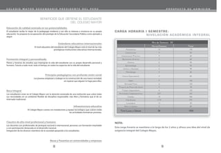 9
8
BENEFICIOS QUE OBTIENE EL ESTUDIANTE
DEL COLEGIO MAYOR
El estudiante recibe lo mejor de la pedagogía moderna y con ella se interesa e involucra en su propia
educación. Se propone la recuperación del prestigio de la Educación Secundaria Pública como ejemplo a
seguir.
El nivel educativo del estudiante del Colegio Mayor está al nivel de las más
prestigiosas instituciones educativas internacionales.
Planes y horarios de estudios que impregnan la vida del estudiante con su propio desarrollo personal y
humano. Tutoría a todo nivel, todo el tiempo, en todos los aspectos de la vida del estudiante
Los jóvenes empiezan a trabajar en la construcción de una nueva sociedad,
sin esperar que alguien lo haga para ellos.
Los estudiantes viven en el Colegio Mayor con la atención esmerada de una institución que cubre todas
sus necesidades en un ambiente flexible de disciplina responsable, más libre y formativo que el de un
internado tradicional.
El Colegio Mayor cuenta con instalaciones y equipo tecnológico que cubren todas
las actividades formativas previstas.
Los docentes son profesionales de jerarquía nacional e internacional, personas con formación intachable
y con participación destacada en el desarrollo nacional.
Integración de los diversos miembros de la sociedad apoyando a los estudiantes.
Educación de calidad centrada en tus potencialidades
Estándares educativos internacionales
Formación integral y personalizada
Beca Integral
Claustro de alto nivel profesional y humano
Principios pedagógicos con profunda visión social
Infraestructura educativa
Becas y Pasantías en universidades y empresas
CARGA HORARIA I SEMESTRE:
NIVELACIÓN ACADÉMICA INTEGRAL
Nro de Semanas 20
Horas/Semana Total
Matemática 7.5 150
Comunicación 4 80
Comunicación Práctica 3 60
Apreciación Artística 3 60
Historia 2 40
Epistemología 2 40
Cultura y Sociedad 2 40
Metodología 3 60
Ciencia Experimental 4 80
Inglés 9 180
Actividad Física 6 120
Proyecto de Desarrollo Social 2 40
Trabajo Independiente 6 120
Actividades Complementarias 8.25 165
Comidas 18 360
Vida Escolar 11.75 235
Lavandería 1.5 30
Aseo y Limpieza 3 60
Total Lunes a Sábado 96 1920
C O L E G I O M A Y O R S E C U N D A R I O P R E S I D E N T E D E L P E R Ú P R O S P E C T O D E A D M I S I Ó N
NOTA:
Esta carga horaria se mantiene a lo largo de los 3 años y ofrece una idea del nivel de
exigencia integral del Colegio Mayor.
 