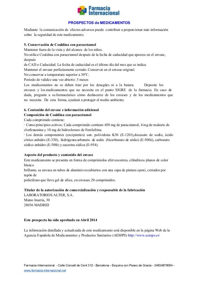 Prospecto Couldina con paracetamol comprimidos efervescentes