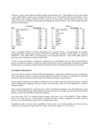 O Brasil é o sétimo maior produtor mundial de artigos confeccionados, com 1.740 toneladas (3,6% do total mundial
– Fonte: ITMF 2004), e o oitavo maior na produção de têxteis, com 1.575 toneladas (3,0% do total mundial – Fonte:
ITMF 2004). Esses rankings conferem ao País o título de um dos maiores mercados têxteis do mundo, sendo
relevante notar que sua produção é quase toda direcionada para o mercado interno, o que é possível pelo expressivo
número de consumidores.
Confecções Têxteis
País mil toneladas % País mil toneladas %
1. China / Hong Kong 13.478 28% 1. China / Hong Kong 17.140 32%
2. Índia 3.986 8% 2. Índia 4.333 8%
3. EUA 2.573 5% 3. Coréia do Sul 3.364 6%
4. México 2.001 4% 4. Taiwan 2.874 5%
5. Turquia 1.982 4% 5. EUA 2.732 5%
6. Coréia do Sul 1.873 4% 6. Turquia 2.235 4%
7. Brasil 1.740 4% 7. Paquistão 2.077 4%
8. Paquistão 1.350 3% 8. Brasil 1.575 3%
9. Taiwan 1.331 3% 9. Indonésia 1.517 3%
10. Tailândia 1.096 2% 10. México 1.290 2%
Outros 16.558 35% Outros 14.161 27%
Total 47.968 100% Total 53.298 100%
Como a produção brasileira se destina principalmente ao mercado interno, a sua participação no comércio
internacional ainda é relativamente pequena. Em termos de exportações mundiais, o Brasil ocupa a 41ª colocação
(US$2.079 – Fonte: OMC 2004) e, em importações, a 43ª colocação (US$1.422 – Fonte: OMC 2004), dentre os
paises que mais se destacam no comércio externo têxtil.
O setor de varejo de vestuário é tipicamente conhecido por sua sazonalidade, tanto em razão da necessidade de
renovar as coleções de produtos ao longo das estações do ano, bem como da concentração de demanda na segunda
metade do ano e, em especial, no último trimestre em função do Natal e recebimento do décimo-terceiro salário.
CENÁRIO COMPETITIVO
O setor de varejo de vestuário no Brasil é altamente fragmentado, o que propicia condições para que os participantes
desse setor possam aumentar e consolidar suas participações de mercado. No entanto, a concorrência no setor pode
crescer em razão das poucas barreiras à entrada de concorrentes nacionais ou internacionais.
Nossos produtos competem com produtos vendidos nas mais variadas categorias de lojas de vestuário, incluindo
lojas de departamento, magazines, lojas que vendem uma única marca, lojas do Varejo Multimarcas e comércio
varejista em geral.
Entre as lojas de departamento, concorremos com a C&A, Lojas Renner, Riachuelo, Lojas Pernambucanas e Lojas
Marisa. No âmbito das lojas que vendem produtos de uma única marca, são exemplos de concorrentes Luigi Bertolli,
Siberian, Triton, Colcci, M.Officer, TNG, Zara e Benetton.
Já a nossa marca “PUC”, de vestuário infantil, compete, entre outros, com a Lilica Ripilica, T-Tigor, Alfabeto,
Green, Tirol, Lápis de Cor e a Zara Infantil. Os produtos da marca “dzarm.” competem com outras marcas de
jeanswear, tais como M.Officer, Forum, Levi’s e Zoomp, dentre outras.
Competimos, ainda, com lojas locais, geralmente de menor porte, que revendem produtos de diversas marcas,
inclusive as nossas marcas em certos casos. Ver seção “Descrição dos Negócios – Concorrência”.
116
 