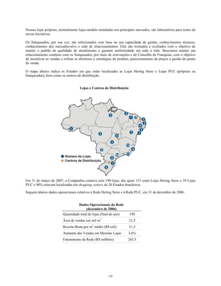Nossas lojas próprias, normalmente lojas-modelo instaladas nos principais mercados, são laboratórios para testes de
novas iniciativas.
Os franqueados, por sua vez, são selecionados com base na sua capacidade de gestão, conhecimentos técnicos,
conhecimentos dos mercados-alvo e rede de relacionamentos. Eles são treinados e avaliados com o objetivo de
manter o padrão de qualidade de atendimento e garantir uniformidade em toda a rede. Buscamos manter um
relacionamento contínuo com os franqueados, por meio de convenções e do Conselho de Franquias, com o objetivo
de incentivar as vendas e refinar as diretrizes e estratégias de produto, posicionamento de preços e gestão do ponto
de venda.
O mapa abaixo indica os Estados em que estão localizadas as Lojas Hering Store e Lojas PUC (próprias ou
franqueadas), bem como os centros de distribuição.
Lojas e Centros de Distribuição
Em 31 de março de 2007, a Companhia contava com 190 lojas, das quais 151 eram Lojas Hering Store e 39 Lojas
PUC e 90% estavam localizadas em shopping centers de 20 Estados brasileiros.
Seguem abaixo dados operacionais relativos à Rede Hering Store e à Rede PUC, em 31 de dezembro de 2006:
Dados Operacionais da Rede
(dezembro de 2006)
Quantidade total de lojas (final do ano) 190
Área de vendas em mil m2
21,5
Receita Bruta por m2
médio (R$ mil) 11,3
Aumento das Vendas em Mesmas Lojas 3,6%
Faturamento da Rede (R$ milhões) 243,5
126
 