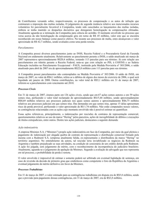 de Contribuintes versando sobre, respectivamente, os processos de compensação e os autos de infração que
cominaram a imposição das multas isoladas. O julgamento de segunda instância relativo aos mencionados recursos
voluntários foi parcialmente favorável à Companhia, tendo sido cancelados os lançamentos das multas isoladas,
embora se tenha mantido os despachos decisórios que denegaram homologação às compensações efetuadas.
Atualmente aguarda-se a intimação da Companhia para ciência do acórdão. O montante envolvido no processo que
versa acerca da não homologação da compensação gira em torno de R$ 45 milhões, valor este que se encontra
reconhecido em nosso balanço como passivo efetivo. No tocante aos processos de multa, estes alcançavam o valor
aproximado de R$ 42,7 milhões, sendo avaliados como uma perda remota.
Parcelamentos
A Companhia possui diversos parcelamentos junto ao INSS, Receita Federal e a Procuradoria Geral da Fazenda
Nacional em andamento atualmente. Relativamente ao parcelamento perante o INSS, o saldo atualizado até março de
2007 representava aproximadamente R$20,4 milhões, restando 113 parcelas para seu término. Já com relação aos
parcelamentos em trâmite perante a Receita Federal, nota-se que com relação ao PIS, à COFINS e ao Salário
Educação incluídos no Parcelamento Excepcional - PAEX, instituído pela Medida Provisória nº 303/2006, o saldo
atualizado para abril de 2007 era de aproximadamente R$22,0 milhões com 113 parcelas para seu término.
A Companhia possui parcelamentos não contemplados na Medida Provisória nº 303/2006. O saldo de INSS, em
março de 2007, no valor de R$4,1 milhões, refere-se a débitos de alguns dos meses do exercício de 2006, o qual será
liquidado até janeiro de 2008. Outras contribuições, no valor total de R$5,1 milhões em 31 de março de 2007,
referem-se a parcelamentos com vencimento até 2010.
Processos Cíveis
Em 31 de março de 2007, éramos parte em 126 ações cíveis, sendo que em 67 ações somos autores e em 59 ações
somos réus, perfazendo o valor total reclamado de aproximadamente R$15,44 milhões, sendo aproximadamente
R$8,69 milhões relativos aos processos judiciais nos quais somos autores e aproximadamente R$6,75 milhões
relativos aos processos judiciais em que somos réus. Das demandas em que somos réus, apenas 15 delas apresentam
risco de perda provável, perfazendo o valor aproximado de R$ 1,74 milhões. Não estão computados nesses valores,
as contingências relacionadas com as ações cujo montante envolvido não é possível estimar ou quantificar.
Essas ações referem-se, principalmente, a indenizações por rescisões de contratos de representação comercial,
questionamentos relativos ao uso da marca “Hering” pelos parceiros, ações de inexigibilidade de débitos e execuções
de títulos extrajudiciais, entre outros. Dentre tais ações judiciais, destacamos a seguinte demanda:
Ação indenizatória
A empresa Minimex S.A. (“Minimex”) propôs ação indenizatória em face da Companhia, por meio da qual pleiteia o
pagamento de indenização por alegada quebra de contrato de representação e distribuição comercial firmado pela
mesma com a Redmont S.A. (empresa atualmente falida, ex-representante e distribuidora da marca “Hering” no
território argentino). No entendimento da autora, tal rescisão teria inviabilizado os negócios da Redmont na
Argentina e também prejudicado as suas atividades, na condição de cessionária de um crédito detido pela Redmont.
A ação foi julgada, sem julgamento de mérito, com o reconhecimento da incompetência do judiciário brasileiro.
Atualmente, aguarda-se o julgamento da apelação da Minimex. Segundo a avaliação do advogado que nos representa
em tal processo, a probabilidade de perda é remota.
O valor envolvido é impossível de estimar e somente poderá ser arbitrado em eventual liqüidação de sentença, em
caso de reversão da decisão de primeiro grau que estabeleceu como competente o foro da República da Argentina e
eventual julgamento de mérito definitivo em favor da Minimex.
Processos Trabalhistas
Em 31 de março de 2007, o valor estimado para as contingências trabalhistas em disputa era de R$5,8 milhões, sendo
que a provisão para pagamento dessas contingências, em 31 de março de 2007, era de R$3,8 milhões.
139
 