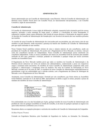 ADMINISTRAÇÃO
Somos administrados por um Conselho de Administração e uma Diretoria. Além do Conselho de Administração e da
Diretoria nosso Estatuto Social prevê um Conselho Fiscal, de funcionamento não-permanente, e um Conselho
Consultivo, órgão de assessoramento.
Conselho de Administração
O Conselho de Administração é nosso órgão de deliberação colegiada, responsável pela orientação geral dos nossos
negócios, incluindo a nossa estratégia de longo prazo, o controle e a fiscalização de nosso desempenho. É
responsável, também, dentre outras atribuições, pela eleição de nossos diretores e fiscalização da respectiva gestão.
As decisões do Conselho de Administração são tomadas pelo voto favorável da maioria dos seus membros presentes
nas reuniões.
As reuniões de nosso Conselho de Administração são convocadas pelo seu presidente, por, pelo menos, dois de seus
membros ou pela Diretoria, sendo necessária a presença da maioria dos membros do Conselho de Administração
para que sejam realizadas as suas reuniões.
Nosso Estatuto Social estabelece número mínimo de cinco e número máximo de sete conselheiros, sendo um
presidente do Conselho de Administração. De acordo com o Regulamento do Novo Mercado, no mínimo, vinte por
cento dos conselheiros deverão ser independentes. Nosso Conselho de Administração possui atualmente um
conselheiro independente. Todos os nossos conselheiros são eleitos em Assembléia Geral de acionistas para mandato
unificado de dois anos, permitida a reeleição, podendo ser destituídos a qualquer tempo por nossos acionistas
reunidos em Assembléia Geral.
O Regulamento do Novo Mercado também prevê que todos os membros do Conselho de Administração e da
Diretoria devem subscrever um termo de anuência dos administradores, condicionando a posse nos respectivos
cargos à assinatura deste documento. Os membros do nosso Conselho de Administração cumpriram todas essas
exigências e subscreveram o competente termo de anuência. Por meio do Contrato de Participação no Novo
Mercado, assinado em 07 de maio de 2007, os membros do nosso Conselho de Administração responsabilizaram-se
pessoalmente a agir em conformidade com o referido contrato, com o Regulamento da Câmara de Arbitragem do
Mercado e com o Regulamento do Novo Mercado.
Atualmente, nosso Conselho de Administração é formado por sete conselheiros, que foram eleitos na Assembléia
Geral Ordinária, realizada em 27 de abril de 2006. Apresentamos na tabela a seguir os nomes, posições e prazos de
mandato dos membros do nosso Conselho de Administração:
Nome Cargo Data da Posse Prazo do Mandato
Sr. Hans Prayon Presidente 27/04/2006 2 anos
Sr. Marcio Tavares D’Amaral Conselheiro 27/04/2006 2 anos
Sr. Ivo Hering Conselheiro 27/04/2006 2 anos
Sr. Raul de Aguiar Hering Conselheiro 27/04/2006 2 anos
Sr. Uta Hedy Hering Meyer Conselheiro 27/04/2006 2 anos
Sr. Nei Schilling Zelmanovits Conselheiro 27/04/2006 2 anos
Sr. Brenno dos Reis Pereira Conselheiro Independente 27/04/2006 2 anos
Em conformidade com a Lei das Sociedades por Ações, qualquer membro do nosso Conselho de Administração está
proibido de votar em qualquer assembléia ou reunião do Conselho, ou de atuar em qualquer operação ou negócio nos
quais tenha interesses conflitantes com os nossos.
Resumimos abaixo as ocupações principais e currículos dos membros do Conselho de Administração da Companhia:
Sr.Hans Prayon (74 anos)
Formado em Engenharia Mecânica, pela Faculdade de Engenharia de Aachen, na Alemanha. Na Alemanha,
140
 