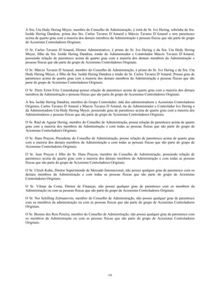 A Sra. Uta Hedy Hering Meyer, membro do Conselho de Administração, é irmã do Sr. Ivo Hering, sobrinha da Sra.
Isolde Hering Dandrea, prima dos Srs. Carlos Tavares D´Amaral e Márcio Tavares D´Amaral e tem parentesco
acima de quarto grau com a maioria dos demais membros da Administração e pessoas físicas que são parte do grupo
de Acionistas Controladores Originais.
O Sr. Carlos Tavares D´Amaral, Diretor Administrativo, é primo do Sr. Ivo Hering e da Sra. Uta Hedy Hering
Meyer, filho da Sra. Isolde Hering Dandrea, irmão do Administrador e Controlador Marcio Tavares D´Amaral,
possuindo relação de parentesco acima de quarto grau com a maioria dos demais membros da Administração e
pessoas físicas que são parte do grupo de Acionistas Controladores Originais.
O Sr. Márcio Tavares D´Amaral, membro do Conselho de Administração, é primo do Sr. Ivo Hering e da Sra. Uta
Hedy Hering Meyer, é filho da Sra. Isolde Hering Dandrea e irmão do Sr. Carlos Tavares D´Amaral. Possui grau de
parentesco acima de quarto grau com a maioria dos demais membros da Administração e pessoas físicas que são
parte do grupo de Acionistas Controladores Originais.
O Sr. Dietz Ernst Fritz Linnenkamp possui relação de parentesco acima de quarto grau com a maioria dos demais
membros da Administração e pessoas físicas que são parte do grupo de Acionistas Controladores Originais.
A Sra. Isolde Hering Dandrea, membro do Grupo Controlador, mãe dos administradores e Acionistas Controladores
Originais, Carlos Tavares D´Amaral e Marcio Tavares D´Amaral, tia do Administrador e Controlador Ivo Hering e
da Administradora Uta Hedy Hering Meyer, possuindo grau de parentesco acima de quarto grau com a maioria dos
Administradores e pessoas físicas que são parte do grupo de Acionistas Controladores Originais.
O Sr. Raul de Aguiar Hering, membro do Conselho de Administração, possui relação de parentesco acima de quarto
grau com a maioria dos membros da Administração e com todas as pessoas físicas que são parte do grupo de
Acionistas Controladores Originais.
O Sr. Hans Prayon, Presidente do Conselho de Administração, possui relação de parentesco acima de quarto grau
com a maioria dos demais membros da Administração e com todas as pessoas físicas que são parte do grupo de
Acionistas Controladores Originais.
O Sr. Jean Prayon é filho do Sr. Hans Prayon, membro do Conselho de Administração, possuindo relação de
parentesco acima de quarto grau com a maioria dos demais membros da Administração e com todas as pessoas
físicas que são parte do grupo de Acionistas Controladores Originais.
O Sr. Ulrich Kuhn, Diretor Superintende de Mercado Internacional, não possui qualquer grau de parentesco com os
demais membros da Administração e com todas as pessoas físicas que são parte do grupo de Acionistas
Controladores Originais.
O Sr. Vilmar da Costa, Diretor de Finanças, não possui qualquer grau de parentesco com os membros da
Administração ou com as pessoas físicas que são parte do grupo de Acionistas Controladores Originais.
O Sr. Nei Schilling Zelmanovits, membro do Conselho de Administração, não possui qualquer grau de parentesco
com os membros da administração ou com as pessoas físicas que são parte do grupo de Acionistas Controladores
Originais.
O Sr. Brenno dos Reis Pereira, membro do Conselho de Administração, não possui qualquer grau de parentesco com
os membros da Administração ou com as pessoas físicas que são parte do grupo de Acionistas Controladores
Originais.
145
 