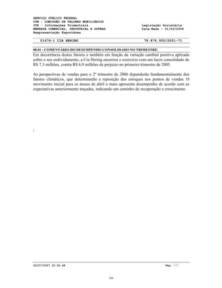 SERVIÇO PÚBLICO FEDERAL
CVM - COMISSÃO DE VALORES MOBILIÁRIOS
ITR - Informações Trimestrais Legislação Societária
EMPRESA COMERCIAL, INDUSTRIAL E OUTRAS Data-Base - 31/03/2006
Reapresentação Espontânea
01476-1 CIA HERING 78.876.950/0001-71
08.01 - COMENTÁRIO DO DESEMPENHO CONSOLIDADO NO TRIMESTRE
03/07/2007 20:02:48 Pág:
Em decorrência destes fatores e também em função da variação cambial positiva aplicada
sobre o seu endividamento, a Cia Hering encerrou o exercício com um lucro consolidado de
R$ 7,3 milhões, contra R$ 6,9 milhões de prejuízo no primeiro trimestre de 2005.
As perspectivas de vendas para o 2º trimestre de 2006 dependerão fundamentalmente dos
fatores climáticos, que determinarão a reposição dos estoques nos pontos de vendas. O
movimento inicial para os meses de abril e maio apresenta desempenho de acordo com as
expectativas anteriormente traçadas, indicando um caminho de recuperação e crescimento.
344
 