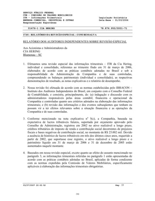 SERVIÇO PÚBLICO FEDERAL
CVM - COMISSÃO DE VALORES MOBILIÁRIOS
ITR - Informações Trimestrais Legislação Societária
EMPRESA COMERCIAL, INDUSTRIAL E OUTRAS Data-Base - 31/03/2006
Reapresentação Espontânea
01476-1 CIA HERING 78.876.950/0001-71
17.01 - RELATÓRIO DA REVISÃO ESPECIAL - COM RESSALVA
03/07/2007 20:02:52 Pág: 33
RELATÓRIO DOS AUDITORES INDEPENDENTES SOBRE REVISÃO ESPECIAL
Aos Acionistas e Administradores da
CIA HERING
Blumenau – SC
1. Efetuamos uma revisão especial das informações trimestrais – ITR da Cia Hering,
individual e consolidado, referentes ao trimestre findo em 31 de março de 2006,
elaborados de acordo com as práticas contábeis adotadas no Brasil e sob a
responsabilidade da Administração da Companhia e de suas controladas,
compreendendo os balanços patrimoniais (individual e consolidado), as respectivas
demonstrações de resultado, as notas explicativas e o relatório de desempenho.
2. Nossa revisão foi efetuada de acordo com as normas estabelecidas pelo IBRACON –
Instituto dos Auditores Independentes do Brasil, em conjunto com o Conselho Federal
de Contabilidade, e consistiu, principalmente, de: (a) indagação e discussão com os
administradores responsáveis pelas áreas contábil, financeira e operacional da
Companhia e controladas quanto aos critérios adotados na elaboração das informações
trimestrais; e (b) revisão das informações e dos eventos subseqüentes que tenham ou
possam vir a ter efeitos relevantes sobre a situação financeira e as operações da
Companhia e de suas controladas.
3. Conforme mencionado na nota explicativa n 5(c), a Companhia, baseada na
expectativa de lucros tributáveis futuros, suportada por orçamento aprovado pelo
Conselho de Administração, registrou em 2002 no ativo realizável a longo prazo,
créditos tributários de imposto de renda e contribuição social decorrentes de prejuízos
fiscais e bases negativas de contribuição social, no montante de R$ 25.002 mil. Devido
a ausência de histórico de lucros tributáveis em três dos últimos cinco anos, requerido a
partir de 2002, que suportasse esse registro, o ativo realizável a longo prazo e o
patrimônio líquido em 31 de março de 2006 e 31 de dezembro de 2005 estão
aumentados naquele montante.
4. Baseados em nossa revisão especial, exceto quanto ao efeito do assunto mencionado no
parágrafo 3, as informações trimestrais referidas no parágrafo 1 estão apresentadas de
acordo com as práticas contábeis adotadas no Brasil, aplicadas de forma condizente
com as normas expedidas pela Comissão de Valores Mobiliários, especificamente
aplicáveis à elaboração das informações trimestrais obrigatórias.
350
 