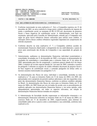 SERVIÇO PÚBLICO FEDERAL
CVM - COMISSÃO DE VALORES MOBILIÁRIOS
ITR - Informações Trimestrais Legislação Societária
EMPRESA COMERCIAL, INDUSTRIAL E OUTRAS Data-Base - 31/03/2006
Reapresentação Espontânea
01476-1 CIA HERING 78.876.950/0001-71
17.01 - RELATÓRIO DA REVISÃO ESPECIAL - COM RESSALVA
03/07/2007 20:02:52 Pág: 34
5. Conforme mencionado na nota explicativa n°. 5(c), a Companhia registrou em 31 de
dezembro de 2001, no ativo realizável a longo prazo, créditos tributários de imposto de
renda e contribuição social, no montante de R$ 41.470 mil, decorrentes de prejuízos
fiscais e bases negativas de contribuição social. A Administração, com base em
orçamento, aprovado pelo Conselho de Administração, entende que a Companhia será
capaz de gerar lucros tributáveis futuros suficientes para utilizar esses créditos. A
utilização efetiva desses créditos tributários registrados dependerá do cumprimento do
referido orçamento.
6. Conforme descrito na nota explicativa nº. 7, a Companhia celebrou acordos de
reestruturação financeira objetivando o alongamento de seu endividamento e ajuste do
prazo para amortização das dívidas da Companhia à sua capacidade de geração de
caixa.
7. Anteriormente, auditamos as demonstrações financeiras individual (controladora) e
consolidada, levantadas em 31 de dezembro de 2005, e revisamos as demonstrações de
resultados da controladora e consolidado para o trimestre findo em 31 de março de
2005, apresentadas para fins de comparação, e emitimos parecer datado de 8 de março
2006, e relatório de revisão especial datado de 3 de maio de 2005, contendo a ressalva
do parágrafo 3 referente ao registro de crédito tributário decorrente de prejuízo fiscal e
de base negativa de contribuição social, e contendo parágrafos de ênfase sobre os
mesmos assuntos mencionados nos parágrafos 5 e 6.
8. As demonstrações dos fluxos de caixa, individual e consolidada, incluídas na nota
explicativa n.º 16, para os trimestres findos em 31 de março de 2006 e de 2005, são
apresentadas com o propósito de permitir análises adicionais e não são requeridas como
parte das demonstrações financeiras básicas, conforme as práticas contábeis adotadas
no Brasil. As demonstrações dos fluxos de caixa para os trimestres findos em 31 de
março de 2006 e de 2005 foram por nós revisadas de acordo com os procedimentos de
auditoria aplicados nas demonstrações financeiras básicas e, em nossa opinião, estão
adequadamente apresentadas, em todos os aspectos relevantes, em relação às
demonstrações financeiras básicas tomadas em conjunto.
9. A Administração da Sociedade decidiu reapresentar as informações trimestrais e as
demonstrações financeiras referentes ao trimestre findo em 31 de março de 2006 e ao
exercício findo em 31 de dezembro de 2005, respectivamente, para eliminar no
consolidado saldo ativo e passivo entre a controladora e sua controlada, conforme nota
explicativa (2).
351
 
