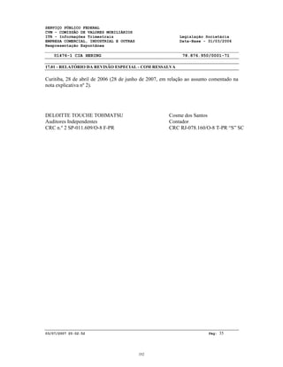 SERVIÇO PÚBLICO FEDERAL
CVM - COMISSÃO DE VALORES MOBILIÁRIOS
ITR - Informações Trimestrais Legislação Societária
EMPRESA COMERCIAL, INDUSTRIAL E OUTRAS Data-Base - 31/03/2006
Reapresentação Espontânea
01476-1 CIA HERING 78.876.950/0001-71
17.01 - RELATÓRIO DA REVISÃO ESPECIAL - COM RESSALVA
03/07/2007 20:02:52 Pág: 35
Curitiba, 28 de abril de 2006 (28 de junho de 2007, em relação ao assunto comentado na
nota explicativa nº 2).
DELOITTE TOUCHE TOHMATSU Cosme dos Santos
Auditores Independentes Contador
CRC n.º 2 SP-011.609/O-8 F-PR CRC RJ-078.160/O-8 T-PR “S” SC
352
 
